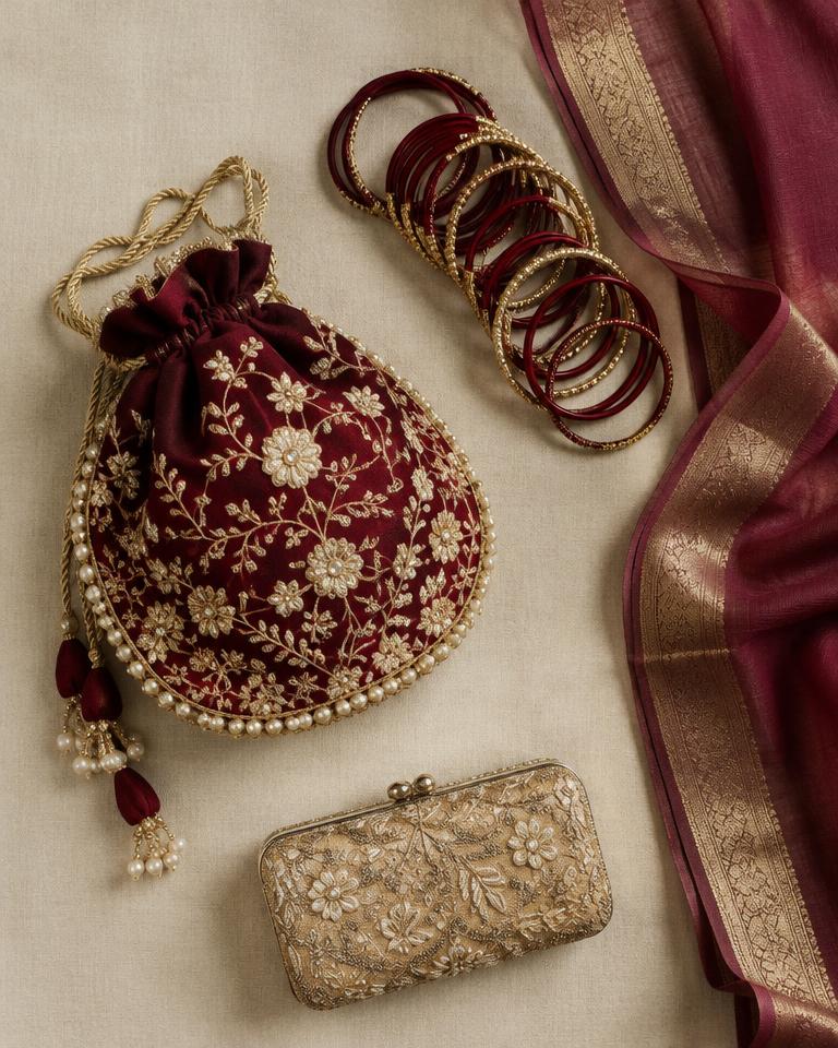 Embroidered potli bag, bangles and clutch