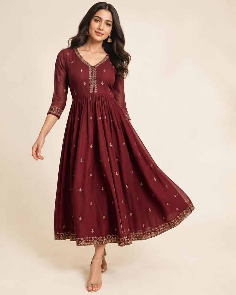 Woman in a maroon embroidered midi dress