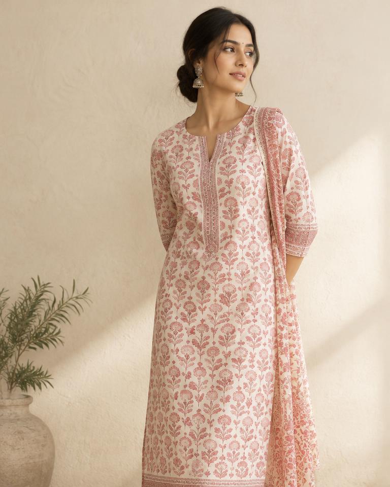 Woman in a rose block-printed cotton kurta