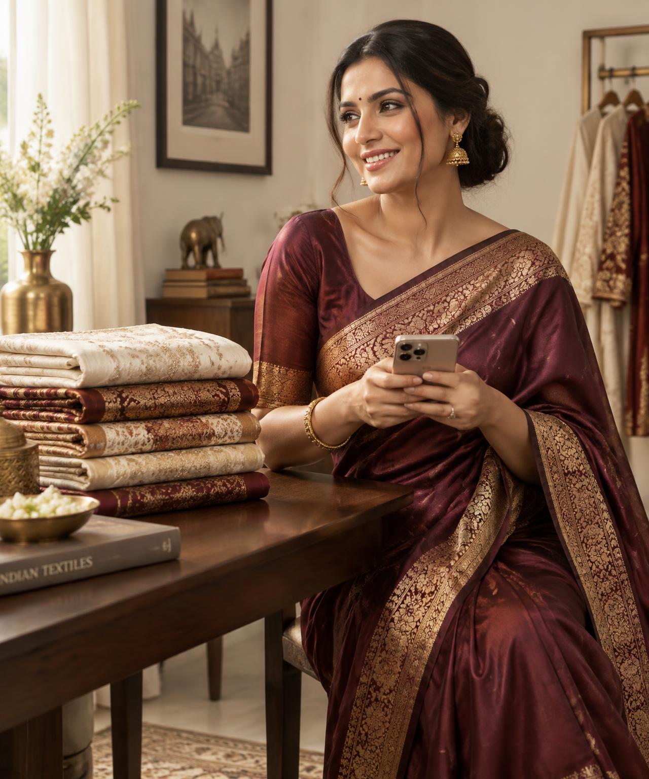 Smiling woman in a maroon silk saree holding her phone beside folded sarees